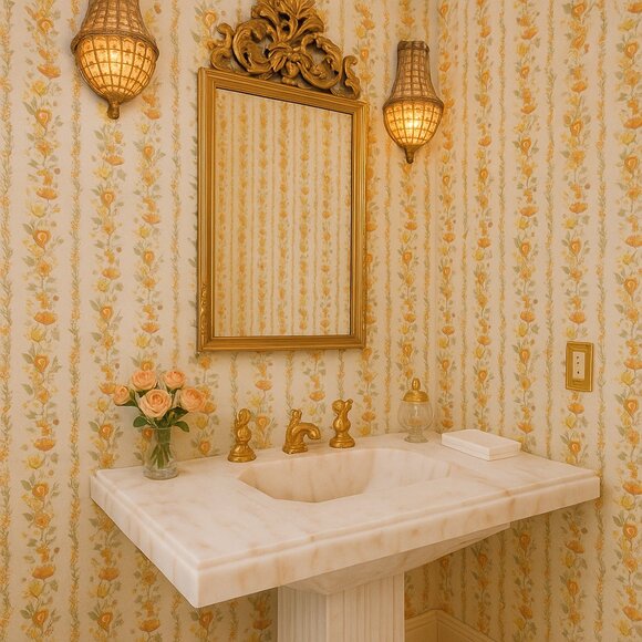 Vintage 1980s Striped Orange Floral Motif Wallpaper - Picture 4 of 8